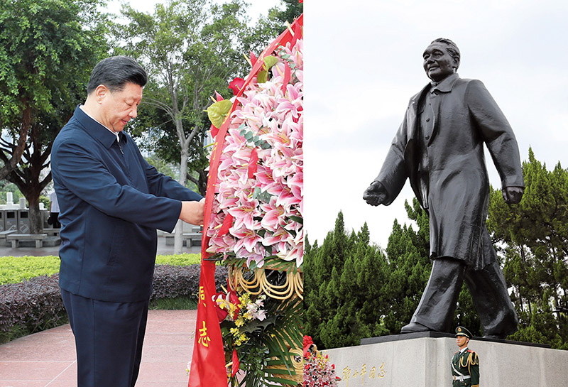 2020年10月14日，習(xí)近平總書記向深圳蓮花山公園鄧小平同志銅像敬獻(xiàn)花籃。